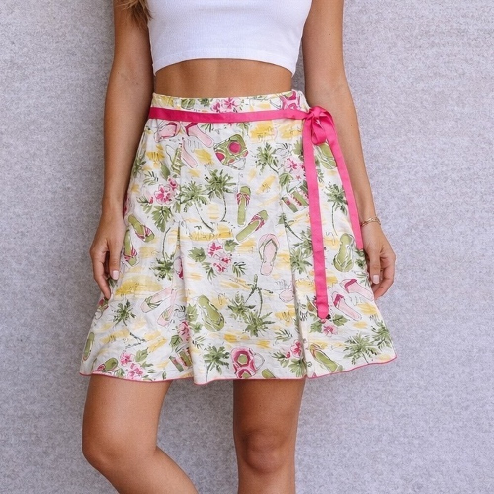Heart Soul Tropical Print Skirt Size 5 Small‎ White Pink Flip Flop Palm Tree Y2K